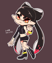  +_+ black_footwear black_hair black_skirt boots callie_(splatoon) closed_mouth commentary_request coula_cat female full_body hair_rings high_heel_boots high_heels highres inkling leg_up looking_at_viewer miniskirt mole mole_under_eye multicolored_hair navel orange_eyes outline pencil_skirt pink_hair pointy_ears purple_background single_bare_shoulder single_sleeve skirt smile solo splatoon_(series) splatoon_2 splatoon_2:_octo_expansion thigh_strap two-tone_hair white_outline 