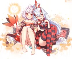  2girls ahoge bad_id bad_pixiv_id bare_legs bare_shoulders barefoot blood_embrace breasts chinese_clothes collarbone commentary dress drooling feathers flamenco_dress gloves grey_hair hair_between_eyes hair_ornament hand_up honkai_(series) honkai_impact_3rd horns jingwei&#039;s_wings long_hair looking_away low_twintails multiple_girls myurumyuru open_mouth panties red_eyes sidelocks sitting sleeping small_breasts striped_clothes striped_thighhighs tassel thighhighs twintails underwear very_long_hair white_hair white_panties 