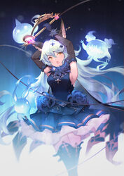  animal_ears armpits arms_up black_gloves black_thighhighs blue_hair blush breasts brown_eyes commentary elbow_gloves erune female ferry_(granblue_fantasy) fugee_(granblue_fantasy) fur_trim geegee_(granblue_fantasy) ghost gloves granblue_fantasy hair_between_eyes hair_ornament jewelry long_hair looking_at_viewer medium_breasts nicola_(granblue_fantasy) open_mouth rabbit_ears sideboob solo standing thighhighs very_long_hair vienri wavy_hair whip x_hair_ornament yellow_eyes 