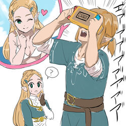  1boy :o ;) ? beach bikini blonde_hair blush breasts champion&#039;s_tunic_(zelda) commentary_request earrings female finger_to_cheek green_eyes head-mounted_display heart highres jewelry link long_hair looking_at_viewer nambu_01 nintendo_labo one_eye_closed open_mouth pointy_ears ponytail princess_zelda simple_background smile spoken_question_mark sweatdrop swimsuit the_legend_of_zelda the_legend_of_zelda:_breath_of_the_wild 