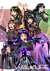  5girls animification black_hair brown_hair commentary_request earphones flag ge_xi half_updo highres idol idol_group junna_(singer) long_hair macross macross_delta microphone multiple_girls music nishida_nozomi photoshop_(medium) purple_hair real_life singing suzuki_minori touyama_nao voice_actor voice_actor_connection walkure_(macross_delta) yasuno_kiyono yellow_eyes 