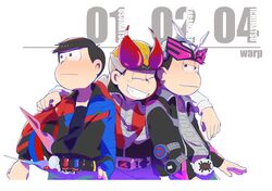  3boys arm_around_shoulder belt black_hair brothers character_name commentary_request cosplay grin helmet highres jacket kamen_rider kamen_rider:_heisei_generations_forever kamen_rider_build kamen_rider_build_(cosplay) kamen_rider_build_(series) kamen_rider_den-o kamen_rider_den-o_(cosplay) kamen_rider_den-o_(series) kamen_rider_den-o_(sword_form) kamen_rider_zi-o kamen_rider_zi-o_(cosplay) kamen_rider_zi-o_(series) male_focus matsuno_ichimatsu matsuno_karamatsu matsuno_osomatsu multiple_boys osomatsu-kun osomatsu-san osomatsu_(series) siblings simple_background smile unworn_headwear unworn_helmet white_background 