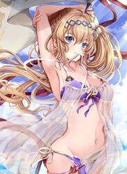  armpits arms_up bare_shoulders bikini blonde_hair blue_eyes blue_sky blush breasts cleavage collarbone commentary_request cowboy_shot female floating_hair flower granblue_fantasy hair_between_eyes hair_flower hair_ornament hairband highres hinakisara jeanne_d&#039;arc_(granblue_fantasy) jeanne_d&#039;arc_(summer)_(granblue_fantasy) large_breasts long_hair looking_at_viewer medium_breasts navel official_alternate_costume outdoors purple_bikini see-through sidelocks sky smile solo swimsuit very_long_hair wind 