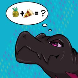  1:1 2019 digital_media_(artwork) dinosaur extinct female food fruit generation_7_pokemon happy lizard mammal meme natanibw_(artist) nintendo pineapple pineapple_on_pizza_debate_(meme) pineapple_pizza pizza plant pokemon pokemon_(species) prehistoric_species reptile salazzle scalie simple_background smile solo teeth 