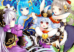  4girls animal_ears artist_request bare_shoulders blue_eyes blue_hair bow brown_eyes bunny_ears detached_sleeves dress fox_ears fox_tail hair_ornament hair_over_one_eye hat headdress horns king&#039;s_raid lavril_(king&#039;s_raid) lilia_(king&#039;s_raid) long_hair looking_at_viewer looking_up luna_(king&#039;s_raid) multiple_girls one_eye_closed open_mouth purple_eyes red_eyes requina_(king&#039;s_raid) shiny shiny_hair short_hair silver_hair smile tail very_long_hair white_hair wink 