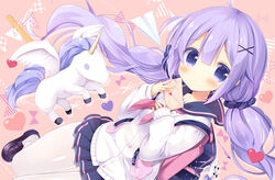  aono_ribbon azur_lane backpack bag bag_charm black_footwear black_sailor_collar black_skirt blush brown_background cardigan charm_(object) closed_mouth commentary_request cut-here_line dotted_line envelope female hair_between_eyes hair_ornament hair_scrunchie heart holding holding_envelope loafers long_hair long_sleeves looking_at_viewer love_letter neckerchief official_alternate_costume pantyhose paper_airplane photoshop_(medium) pink_neckerchief pleated_skirt purple_eyes purple_hair purple_scrunchie ruler sailor_collar scissors scrunchie shoes skirt sleeves_past_wrists solo stuffed_animal stuffed_toy stuffed_winged_unicorn twintails unicorn_(azur_lane) unicorn_(long-awaited_date)_(azur_lane) very_long_hair white_cardigan white_pantyhose x_hair_ornament 