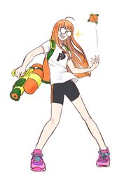  absurdres bad_id bad_twitter_id bike_shorts commentary cosplay english_commentary female full_body glasses headphones highres inkling_player_character inkling_player_character_(cosplay) long_hair mask orange_hair persona persona_5 roviahc sakura_futaba shirt shoes simple_background smile solo splatoon_(series) splatoon_1 splattershot_(splatoon) super_smash_bros. super_soaker t-shirt water_gun white_background 