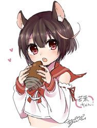  :o acorn ahoge animal_ears azur_lane bare_shoulders blush bow bowtie brown_hair commentary_request crop_top detached_sleeves female food heart highres holding holding_acorn holding_food long_sleeves looking_at_viewer neck_ribbon nor9re open_mouth puffy_long_sleeves puffy_sleeves red_bow red_bowtie red_eyes red_ribbon red_sailor_collar ribbon ribbon-trimmed_sleeves ribbon_trim sailor_collar school_uniform serafuku shirt short_hair signature simple_background solo squirrel_ears teeth upper_body wakaba_(azur_lane) white_background white_shirt 