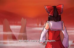  ah_shit_here_we_go_again_(meme) black_hair bow carl_johnson commentary detached_sleeves dress english_commentary english_text female fog from_behind grand_theft_auto grand_theft_auto:_san_andreas hair_ribbon hairbow hakurei_reimu meme parody paw_print profanity red_bow red_dress red_ribbon red_sky ribbon ribbon-trimmed_sleeves ribbon_trim sky solo sotoba speckticuls touhou wily_beast_and_weakest_creature 