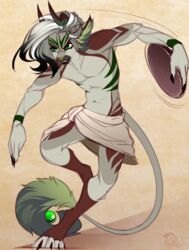  4_toes 5_fingers anthro biped digital_media_(artwork) discus feet fingers green_eyes grey_hair hair horn male mammal pacevanrign simple_background smile solo standing throwing throwing_object toes 