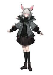  absurdres animal_ears black_socks blush boots commentary female full_body grey_hair heibaise_jiangshi highres jacket kneehighs looking_at_viewer medium_hair open_mouth original photoshop_(medium) rabbit_ears rabbit_girl red_eyes socks solo white_background 