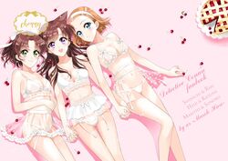  3girls :o arch_lapin blue_eyes bra breasts brown_hair character_name cherry cherry_pie circle_name cleavage closed_mouth commentary_request copyright_name cover cover_page cursive doily doujin_cover english_text food fruit garter_belt girl_sandwich green_eyes hair_pulled_back hair_ribbon hairband highres holding_hands interlocked_fingers lace lace-trimmed_bra lace_trim light_brown_hair lingerie long_hair lying meitantei_conan mouri_ran multiple_girls navel on_back open_mouth panties parted_bangs parted_lips pie pink_background polka_dot protected_link purple_eyes ribbon sandwiched see-through shadow short_hair short_ponytail skirt smile sparkle string_panties suzuki_sonoko thigh_gap tooyama_kazuha underwear underwear_only white_bra white_garter_belt white_hairband white_panties white_ribbon white_skirt 