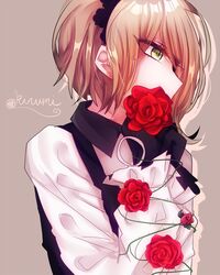  asymmetrical_hair black_gloves black_hairband blonde_hair character_name commentary_request danganronpa_(series) danganronpa_v3:_killing_harmony detached_collar female flower frilled_sleeves frills gloves green_eyes hairband holding holding_flower long_sleeves nekoshin_kagari profile red_flower red_rose rose shirt short_hair solo tojo_kirumi upper_body white_shirt wing_collar 