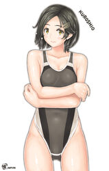  absurdres artist_logo black_hair character_name competition_swimsuit covered_navel cowboy_shot crossed_arms embarrassed female gluteal_fold grey_swimsuit hair_ornament hairclip highres kantai_collection kuroshio_(kantai_collection) looking_at_viewer notchi one-piece_swimsuit short_hair simple_background solo standing swimsuit white_background yellow_eyes 