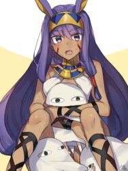  animal_ears bare_shoulders blush commentary_request dark-skinned_female dark_skin facial_mark fate/grand_order fate_(series) female hair_between_eyes jackal_ears long_hair medjed_(fate) nikame nitocris_(fate) oerba_yun_fang purple_eyes purple_hair sidelocks solo spread_legs sweatdrop tan 