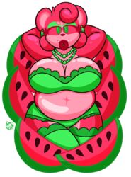  2019 absurd_res alpha_channel anthro anthrofied bear big_breasts biped breasts candy clothed clothing dessert digital_media_(artwork) elemental_creature female flora_fauna food food_creature fruit gummy_(food) gummy_bear_(food) hair hi_res living_fruit looking_at_viewer mammal mr.ink_(artist) open_mouth outline overweight overweight_anthro overweight_female plant red_eyes simple_background smile solo thick_thighs tongue transparent_background ursine 