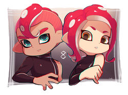  1boy agent_8_(splatoon) blue_eyes chromatic_aberration closed_mouth commentary_request coula_cat dark-skinned_male dark_skin female long_hair long_sleeves looking_at_viewer mohawk octoling octoling_player_character parted_lips photoshop_(medium) red_hair short_hair single_bare_shoulder single_sleeve splatoon_(series) splatoon_2 splatoon_2:_octo_expansion suction_cups tentacle_hair turtleneck upper_body yellow_eyes 