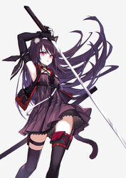  animal_ears arknights arm_up artistic_error black_gloves cat_ears cat_tail collar criss-cross_halter dress elbow_gloves female fingerless_gloves flat_chest gloves grey_background halterneck highres holding holding_weapon holster katana long_hair melantha_(arknights) open_clothes open_vest pink_eyes purple_dress purple_hair short_dress simple_background solo sword tail thigh_holster thighhighs underbust very_long_hair vest weapon wu_lun_wujin 