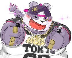  2019 5:4 alp_(tas) anthro bear blush clothing cute_fangs fur giant_panda hi_res humanoid_hands lifewonders male mammal mohumohudansi one_eye_closed overweight overweight_anthro overweight_male purple_body purple_fur shirt solo text tokyo_afterschool_summoners topwear wink 