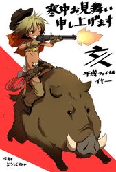  belt blonde_hair boar boots chaps cowboy_hat dark_skin female gloves grin gun hat messy_hair midriff navel one_eye_closed riding scarf smile uchuu_ika weapon western 