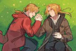  2boys :d ^_^ alphonse_elric backlighting black_pants brothers brown_coat buttons closed_eyes coat commentary_request conqueror_of_shambala dress_shirt edward_elric esu_(825098897) feet_out_of_frame flamel_symbol flower fullmetal_alchemist gloves grass happy highres holding_hands interlocked_fingers light_smile looking_at_another lying male_focus multiple_boys nature on_back on_side open_mouth pants ponytail profile red_coat shadow shirt siblings smile vest white_gloves white_shirt yellow_eyes yellow_flower 