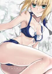  ahoge alternate_costume artoria_pendragon_(fate) ass bare_arms bare_legs bare_shoulders blonde_hair blue_bra blue_panties blue_ribbon bra breasts chinese_commentary collarbone commentary fate/stay_night fate_(series) female green_eyes hair_ribbon lace lace-trimmed_bra lace-trimmed_panties lace_trim lingerie medium_breasts panties parted_lips ribbon saber_(fate) sidelocks solo thighs underwear underwear_only yaoshi_jun 