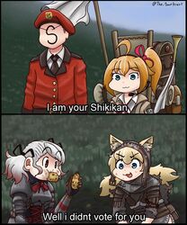  1boy 3girls :3 absurdres animal_ears armor armored_dress backpack bag beret cat_ears commander_(girls&#039;_frontline) commentary eating english_commentary english_text faceless faceless_male girls&#039;_frontline griffin_&amp;_kryuger_military_uniform hat highres idw_(cloak_and_cat_ears)_(girls&#039;_frontline) idw_(girls&#039;_frontline) kalina_(girls&#039;_frontline) knight korean_commentary military military_uniform monty_python monty_python_and_the_holy_grail multiple_girls official_alternate_costume parody potato s-head_commander scarf spas-12_(girls&#039;_frontline) spas-12_(goblin_huntress)_(girls&#039;_frontline) the_sourkraut thief twitter_username uniform 