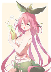  :d ^_^ bare_shoulders blush breasts character_name closed_eyes commentary_request cursive facing_to_the_side facing_viewer female from_side granblue_fantasy hair_between_eyes hair_ornament highres holding large_breasts leaf long_hair mizuno_sao monster_girl open_mouth pink_hair plant_girl quad_tails revealing_clothes smile solo speech_bubble standing upper_body very_long_hair yggdrasil_(granblue_fantasy) 