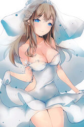  blue_eyes breasts bridal_veil brown_hair cleavage collarbone commentary_request cowboy_shot dress drill_hair female floating_hair girls&#039;_frontline gloves head_tilt highres long_hair looking_at_viewer medium_breasts official_alternate_costume peanutc photoshop_(medium) short_dress skirt_hold smile solo standing strapless strapless_dress suomi_(blissful_mission)_(girls&#039;_frontline) suomi_(girls&#039;_frontline) tiara veil very_long_hair wedding_dress white_dress white_gloves 