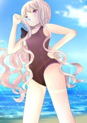  &gt;:o absurdres beach blue_sky drooling eating female food from_below gothic_wa_mahou_otome hand_on_hip highres holding holding_food lavender_hair lens_flare long_hair looking_afar ocean one-piece_swimsuit popsicle purple_eyes rosalie_(gothic_wa_mahou_otome) sky solo sparkle swimsuit thighs very_long_hair white_hair 