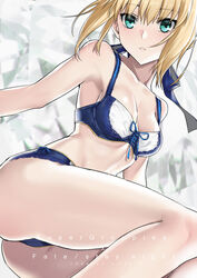  ahoge alternate_costume artoria_pendragon_(fate) ass bare_arms bare_legs bare_shoulders blonde_hair blue_bra blue_panties blue_ribbon bra breasts collarbone fate/stay_night fate_(series) female green_eyes hair_ribbon lace lace-trimmed_bra lace-trimmed_panties lace_trim lingerie medium_breasts panties parted_lips photoshop_(medium) ribbon saber_(fate) sidelocks solo thighs underwear underwear_only yaoshi_jun 