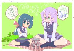  2girls aged_down aqua_eyes blue_hair blush breasts character_name checkered commentary_request constanze_amalie_von_braunschbank-albrechtsberger croix_meridies dress english_text frown frustrated glasses green_background green_eyes hair_between_eyes hys-d little_witch_academia long_hair long_sleeves medium_breasts multiple_girls ponytail purple_hair robot sitting smile speech_bubble thought_bubble time_paradox 