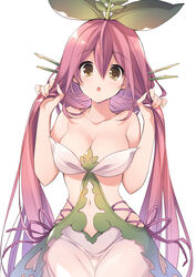  :o bare_arms bare_shoulders blush breasts brown_eyes bunching_hair cleavage collarbone commentary_request cowboy_shot female granblue_fantasy hair_between_eyes hands_up large_breasts leaf long_hair looking_at_viewer mizuno_sao monster_girl navel open_mouth plant_girl purple_hair revealing_clothes simple_background solo standing twintails very_long_hair white_background yggdrasil_(granblue_fantasy) 