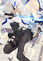  aiming argyle argyle_legwear bangs belt bianca_(punishing_grey_raven) black_gloves black_skirt blonde_hair blue_eyes bow_(weapon) braid breasts cape compound_bow corset evan_yang eyebrows_visible_through_hair female fur_hat gloves grey_legwear hair_between_eyes hat headgear highres holding holding_bow_(weapon) holding_weapon jacket large_breasts leg_up light_arrows long_hair long_sleeves official_art one_eye_closed panties panties_under_pantyhose pantyhose punishing:_gray_raven sidelocks skindentation skirt sleeve_cuffs solo torn_clothes underwear ushanka weapon white_jacket white_panties wind wind_lift yellow_eyes 