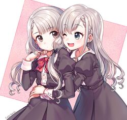  2girls ;d black_dress blue_eyes bow braid braided_bangs commentary_request dress earrings grey_eyes grey_hair hand_on_another&#039;s_shoulder highres hisakawa_hayate hisakawa_nagi hug idolmaster idolmaster_cinderella_girls jewelry long_hair low_twintails multiple_girls one_eye_closed open_mouth ribbon saekiyahiro siblings sisters smile twins twintails twitter_username white_background 