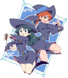  2girls aqua_eyes barbara_parker belt black_hair blue_belt blush boots breasts character_name commentary_request dress hanna_england hat hys-d little_witch_academia long_hair looking_at_viewer luna_nova_school_uniform multiple_girls open_mouth orange_hair outline ponytail school_uniform thighs wand white_outline witch witch_hat yellow_eyes 