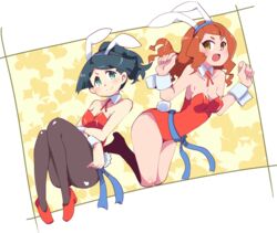  2girls animal_ears aqua_eyes barbara_parker bare_legs bare_shoulders black_hair blue_sash blush breasts brown_hair cleavage collarbone commentary_request detached_collar fake_animal_ears hands_up hanna_england hys-d knees_up legs leotard little_witch_academia long_hair medium_breasts multiple_girls open_mouth pantyhose playboy_bunny ponytail rabbit_ears rabbit_tail red_footwear red_leotard sash shoes smile strapless strapless_leotard tail thighs wrist_cuffs yellow_eyes 