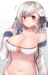  bare_shoulders belly bikini blush breasts cleavage collarbone commentary female flying_sweatdrops girls&#039;_frontline gradient_background grey_background hair_ribbon highres hiromaster_sinta_jh jacket large_breasts long_hair looking_at_viewer navel off_shoulder official_alternate_costume open_clothes open_jacket plump red_eyes ribbon signature simple_background smile solo spas-12_(girls&#039;_frontline) spas-12_(midsummer_fruit)_(girls&#039;_frontline) swimsuit twintails white_hair 