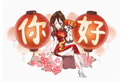  bracelet breasts brown_hair china_dress chinese_clothes cleavage_cutout clothing_cutout commentary_request dress female ikusy jewelry long_hair looking_at_viewer necklace octopath_traveler octopath_traveler_i official_art one_eye_closed pelvic_curtain ponytail primrose_azelhart sash short_sleeves side_slit simple_background smile solo wide_sleeves 