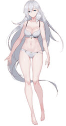  absurdres animal_ears arms_at_sides bare_arms bare_legs bare_shoulders barefoot blue_eyes bra braid breasts cleavage eyebrows_visible_through_hair female full_body girls_frontline grey_hair groin hair_between_eyes highres ksvk_(girls_frontline) large_breasts long_hair looking_at_viewer navel pandea_work panties parted_lips simple_background skindentation solo stomach toned underwear underwear_only very_long_hair white_background white_bra white_panties 