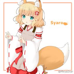  animal_ear_fluff animal_ears apron blonde_hair blush brown_apron brown_hairband character_name chestnut_mouth collarbone commentary_request cosplay double_fox_shadow_puppet fake_animal_ears female flower fox_ears fox_girl fox_shadow_puppet fox_tail geta gochuumon_wa_usagi_desu_ka? green_eyes hair_flower hair_ornament hairband hakama hakama_skirt japanese_clothes kimono kirima_syaro kneeling long_hair long_sleeves miko mitya orange_background parted_lips red_flower red_hakama ribbon-trimmed_sleeves ribbon_trim senko_(sewayaki_kitsune_no_senko-san) senko_(sewayaki_kitsune_no_senko-san)_(cosplay) sewayaki_kitsune_no_senko-san skirt socks solo tail twitter_username two-tone_background white_background white_kimono white_socks wide_sleeves 