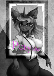  2019 absurd_res anthro azura_inalis big_breasts breasts clothing cosplay english_text female friendship_is_magic hasbro hi_res horn looking_at_viewer mariya_takeuchi meme monochrome my_little_pony open_mouth plastic_love princess princess_luna_(mlp) real_world redraw royalty smile solo starry_eyes text 