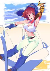  animal blush breasts brown_eyes brown_hair cleavage commentary female gloves hat highres kaze_no_tani_no_nausicaa kitou_sakeru looking_at_viewer medium_hair midriff nausicaa navel open_mouth pet solo studio_ghibli teto_(nausicaa) 