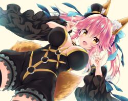  animal_ear_fluff animal_ears arms_up black_dress breasts cameltoe cleavage commentary_request dress fate/extra fate/extra_ccc fate/grand_order fate_(series) female fox_ears fox_girl frilled_sleeves frills from_below hair_ornament hair_ribbon hat large_breasts looking_at_viewer o-ring official_alternate_costume pink_hair ribbon sasorigatame sharp_teeth simple_background solo tail tamamo_(fate) tamamo_no_mae_(fate/extra) tamamo_no_mae_(sable_mage)_(fate) teeth thighhighs top_hat wide_sleeves yellow_eyes 