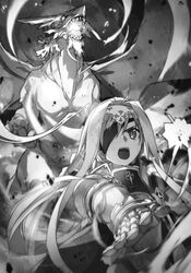  alice_zuberg amayori_(sao) armor breath_weapon breathing_fire bunbun cape dragon eyepatch female fire floating_hair gauntlets glowing glowing_mouth greyscale hair_intakes hairband highres incoming_attack knight long_hair monochrome novel_illustration official_art open_mouth outstretched_arm sharp_teeth shoulder_armor solo sword_art_online sword_art_online:_alicization sword_art_online:_alicization_-_war_of_underworld teeth very_long_hair western_dragon 