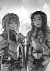  2girls :d alice_zuberg armor armored_dress body_armor breastplate bunbun cape closed_eyes cowboy_shot dress fanatio_synthesis_two gauntlets gloves greyscale hair_intakes hairband highres knight long_hair monochrome multiple_girls novel_illustration official_art open_mouth outstretched_hand pauldrons shoulder_armor smile standing sword_art_online sword_art_online:_alicization teeth tongue upper_teeth_only very_long_hair 