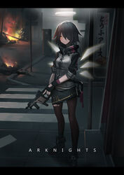  absurdres angel arknights black_hair chinese_commentary commentary exusiai_(arknights) female fingerless_gloves fire foregrip gloves gun hair_over_one_eye halo heibaise_jiangshi highres holding holding_gun holding_weapon kriss_vector letterboxed outdoors pantyhose photoshop_(medium) road short_hair solo street submachine_gun torn_clothes torn_pantyhose trigger_discipline weapon wings yellow_eyes 