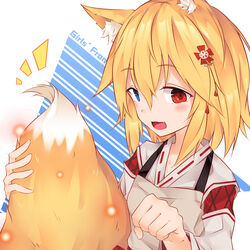  :d absurdres ai_cao alternate_hair_length alternate_hairstyle animal_ear_fluff animal_ears apron blonde_hair blue_eyes blush commentary_request cosplay female fox_ears fox_girl fox_tail g41_(girls&#039;_frontline) girls&#039;_frontline grey_apron hair_between_eyes hair_ornament heterochromia highres japanese_clothes kimono long_sleeves looking_at_viewer miko oerba_yun_fang open_mouth red_eyes ribbon_trim senko_(sewayaki_kitsune_no_senko-san) senko_(sewayaki_kitsune_no_senko-san)_(cosplay) sewayaki_kitsune_no_senko-san smile solo tail white_kimono 