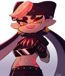  +_+ :d arm_at_side belt black_gloves black_hair callie_(splatoon) commentary coula_cat crop_top earrings fangs female gloves gradient_background hair_rings holding holding_removed_eyewear inkling jewelry long_hair looking_at_viewer mole mole_under_eye navel open_mouth panties photoshop_(medium) pink_eyes pink_panties pointy_ears puffy_short_sleeves puffy_sleeves short_sleeves smile solo splatoon_(series) splatoon_2 spoilers studded_belt sunglasses symbol-shaped_pupils tattoo teeth tentacle_hair thong underwear unworn_eyewear 