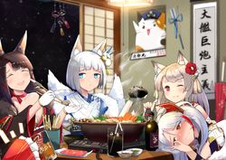  5girls :d akagi_(azur_lane) akagi_(plum_and_snow)_(azur_lane) akashi_(azur_lane) alcohol animal_ear_fluff animal_ears antenna_hair arrow_(projectile) azur_lane bad_id bad_pixiv_id bare_shoulders black_gloves black_hair black_kimono blue_eyes blunt_bangs blush bottle bowl breasts cheek_poking chinese_commentary choker chopsticks cleavage closed_eyes closed_mouth closed_umbrella coat collarbone commentary_request cooking_pot cup drinking_glass drinking_straw eyeliner eyeshadow flower food fox_ears fox_girl fox_mask fox_tail fur-trimmed_coat fur_trim gloves grey_hair hair_flower hair_ornament hamaya headgear highres holding holding_bowl holding_chopsticks ice ice_cube indoors japanese_clothes kaga_(azur_lane) kaga_(white_fox&#039;s_new_year)_(azur_lane) kimono kitsune kotatsu large_breasts long_hair long_sleeves makeup mask mask_on_head meowfficer_(azur_lane) multicolored_hair multiple_girls multiple_tails mushroom nabe nail_polish night night_sky off_shoulder official_alternate_costume one_eye_closed open_mouth parted_lips partially_fingerless_gloves poking portable_stove prinz_eugen_(azur_lane) prinz_eugen_(profusion_of_flowers)_(azur_lane) red_choker red_flower red_hair red_kimono red_nails short_eyebrows short_hair shouji sidelocks signature siguma_(13238772100) sky sliding_doors smile steam streaked_hair table tail tears thick_eyebrows umbrella wavy_mouth white_gloves white_hair white_kimono wide_sleeves wind_chime wolf_ears wolf_girl yuudachi_(azur_lane) yuudachi_(shogun_of_snowballs)_(azur_lane) 